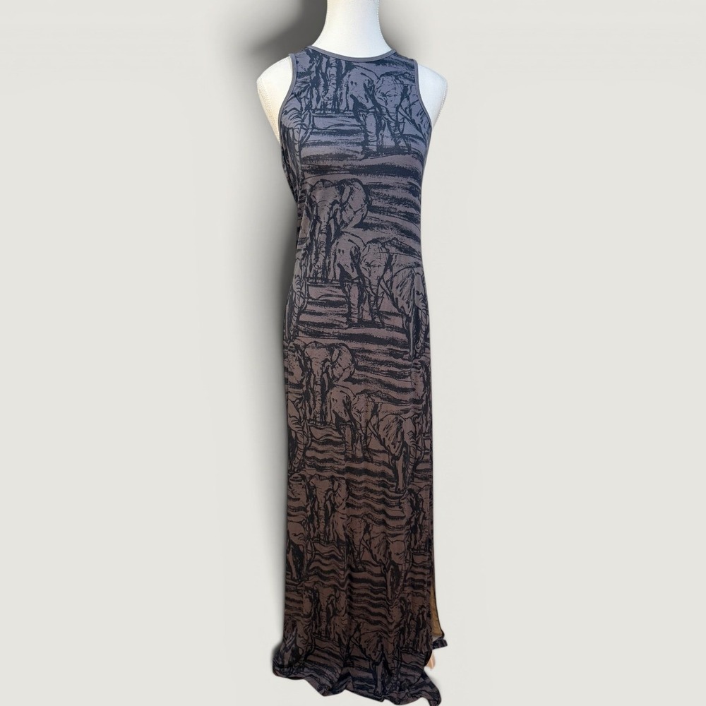 Mott50 Maxi Dress S Grey Elephant Print UPF 50+ Racerback Resort Travelwear Boho